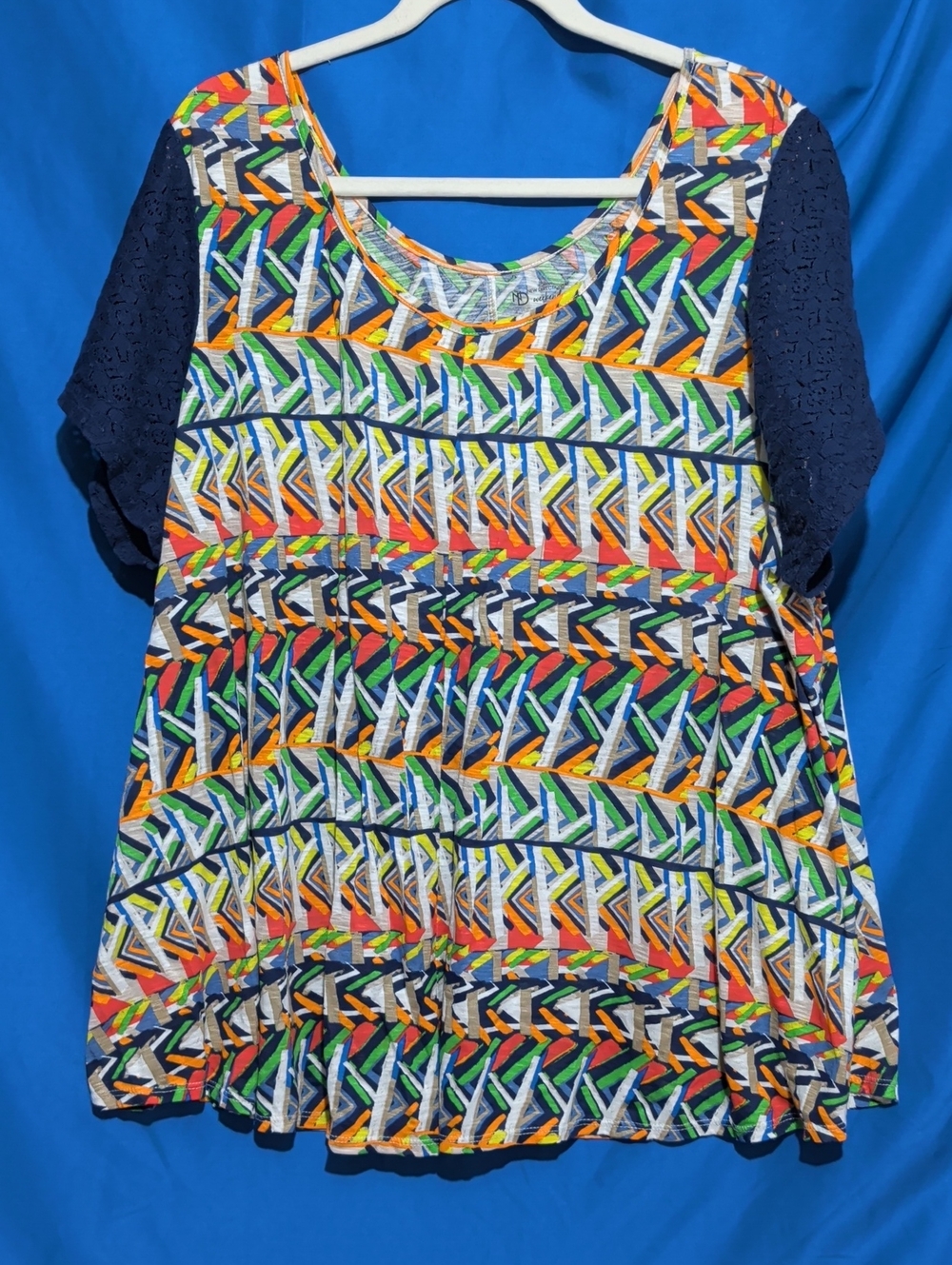 new directions 3X Multicolor Geometric Knit Tunic with Navy Lace Sleeves